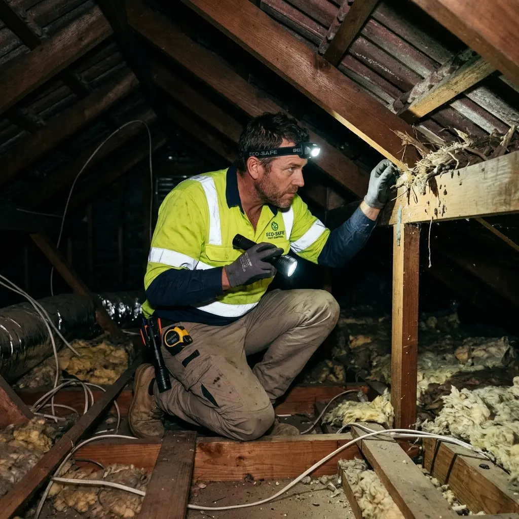 Technician inspecting a Mont Albert roof cavity for a dead possum